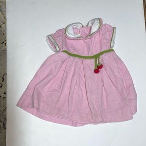 Little English Pink thin cord dress trimmed in green with cherry 🍒 dangles 12 m